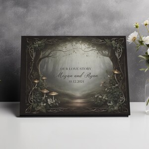 May include: A dark green and brown forest scene with a path leading through the trees. The text "OUR LOVE STORY Megan and Ryan 10.12.2024" is printed on the image.