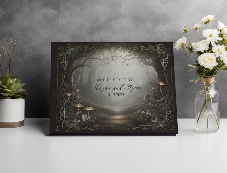 May include: A dark green and brown forest scene with a path leading through the trees. The text "OUR LOVE STORY Megan and Ryan 10.12.2024" is printed on the image.