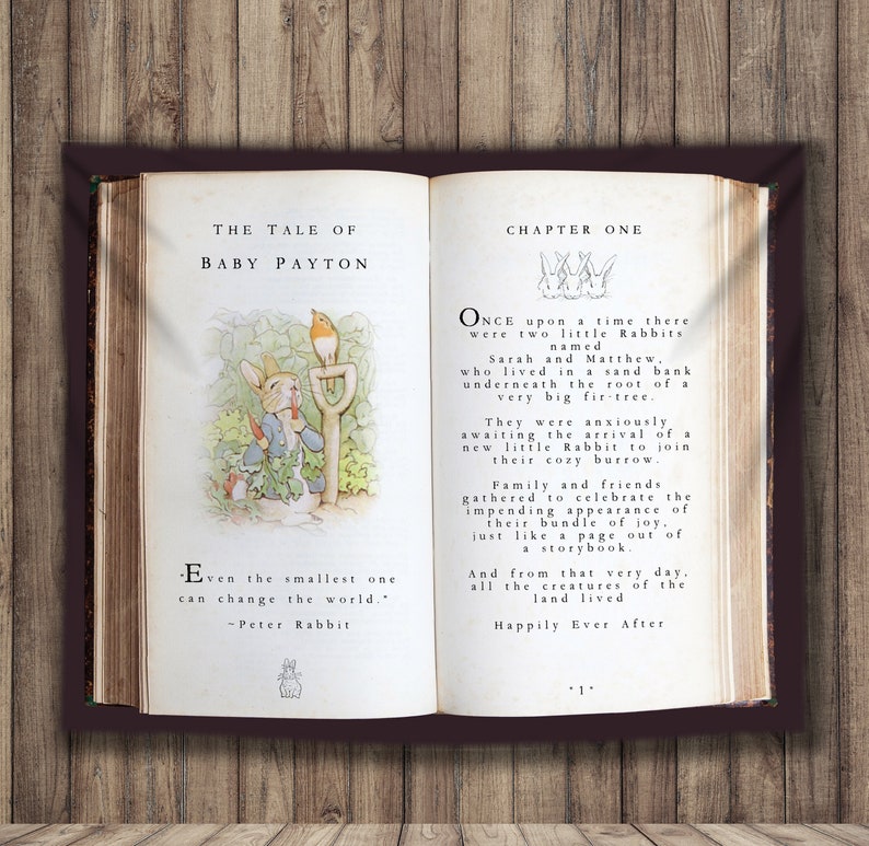 Our giant book backdrop features cute images of Peter Rabbit. The text is written like a storybook and is great for a baby shower.
