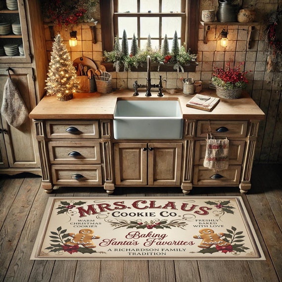 Personalized Mrs. Claus Cookie Company Rug, Christmas Kitchen Mat, Farmhouse, Gingerbread Cookie Doormat, Holiday Decor