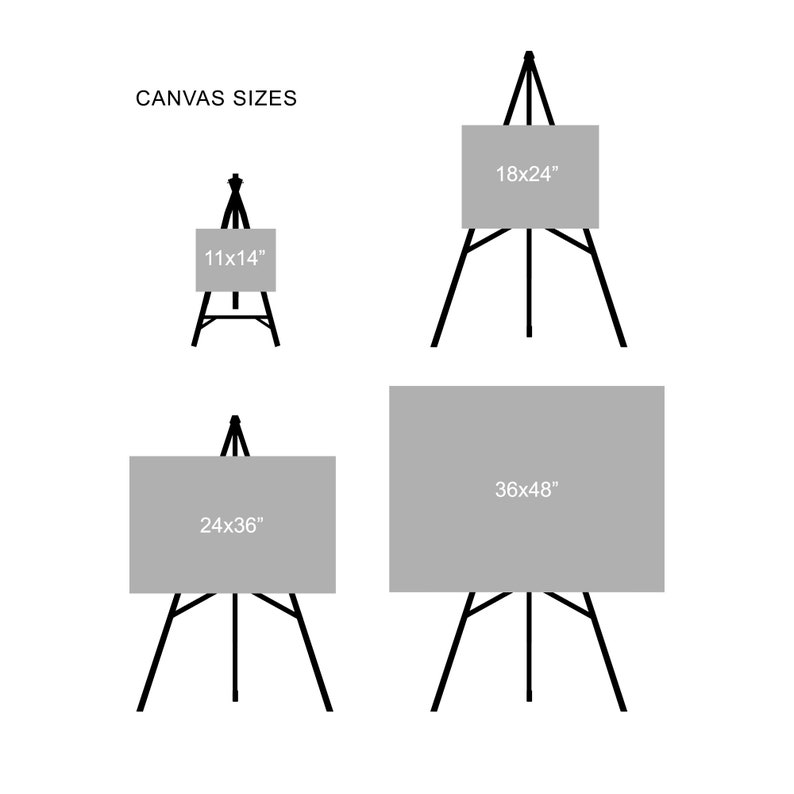 May include: Four different sizes of canvas on easels. The canvases are labeled with their dimensions: 11x14", 18x24", 24x36", and 36x48".