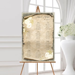 May include: A vintage-style wedding seating chart with a rustic parchment background and floral accents. The chart lists guest names under table numbers one through nine. The text at the top reads "Anna & Michael 10.22.2023".