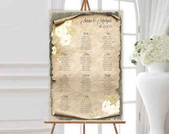 Seating Chart Scroll for Wedding, Bridal Shower, Quinceanera, Ivory and Green Florals, Enchanted Forest