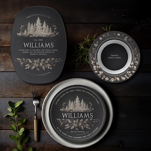 Custom Woodland Plate, Bowl, Platter - Black & White Forest Design - Unbreakable - Rustic Thanksgiving Gift