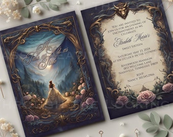 Beauty and the Beast Birthday Invitation Set, Dark & Moody theme - Printed - Double Sided - Free Shipping - 5x7" Card, Envelopes Included
