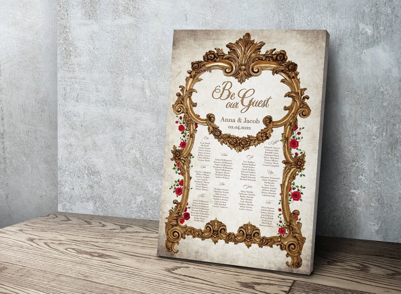 Beauty and the Beast Seating Chart Fairytale Storybook Red Rose Decor Once Upon a Time Be Our Guest Sign 1 Day Turnaround Canvas