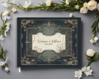 Enchanted Forest Wedding Guest Book - Whimsical Dark Vintage Frame - Custom Names - LOTR Rustic Woodland - 10.9" x 8.75" - 100 blank pages