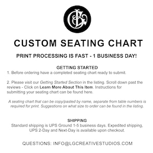 May include: Black and white text on a white background. The text reads "CUSTOM SEATING CHART" and "PRINT PROCESSING IS FAST - 1 BUSINESS DAY!"  Below the text is a list of instructions for ordering a custom seating chart.