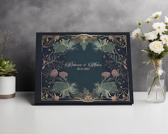 Jewel Tone Wedding Guestbook - Midsummer Night's Eve, Art Nouveau - Custom Names - Romantic - Navy Blue - 10.9" x 8.75" - 100 blank pages