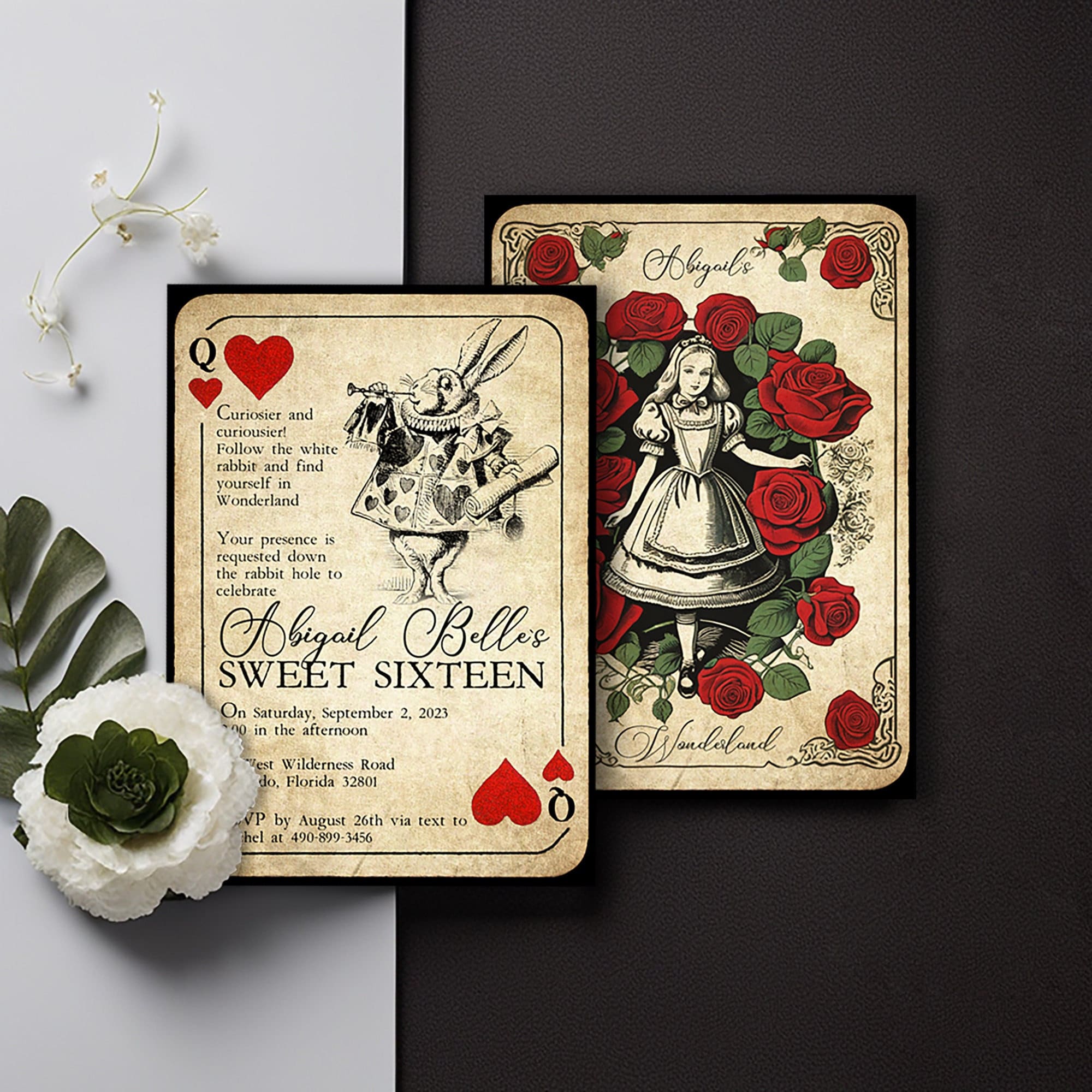 Alice in Wonderland 5x7 Double Sided Invitation Vintage Theme Playing Card Sweet Sixteen Birthday Quinceaera