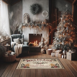 May include: A Christmas-themed doormat with a red and white design. The doormat features the text "Mrs. Claus Cookie Co." and "Baking Santa's Favourites, A Richardson Family Tradition".