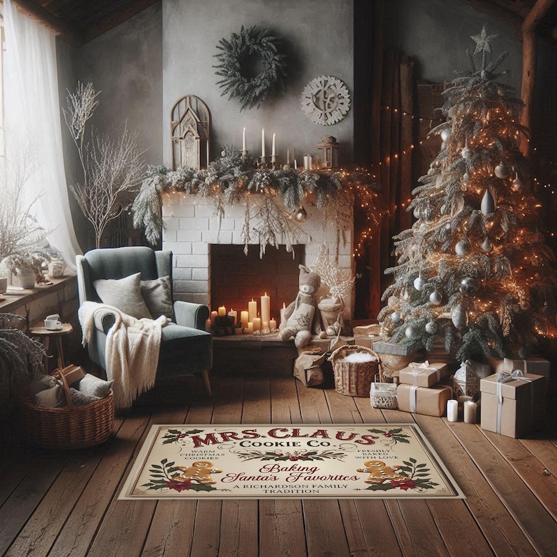 May include: A Christmas-themed doormat with a red and white design. The doormat features the text "Mrs. Claus Cookie Co." and "Baking Santa's Favourites, A Richardson Family Tradition".