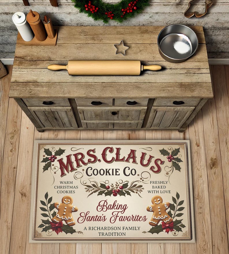 May include: A cream-coloured kitchen rug with a vintage-style design featuring the text "Mrs. Claus Cookie Co." and a gingerbread cookie illustration. The text reads "Baking Santa's Favourites, A Richardson Family Tradition."