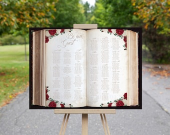Storybook Seating Chart With Red Flowers, Fairytale Wedding, Open Book Design