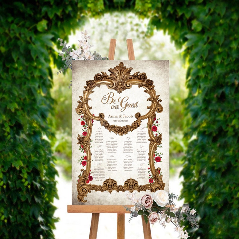 This unique Beauty and the Beast inspired seating chart features an ornate gold frame with red rose vines and your customized seating chart in a gold font. Be our Guest.