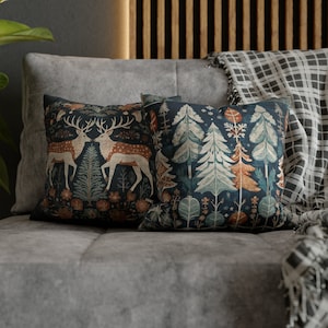 Whimsical Christmas Woodland Throw Pillows - William Morris Style - Snowy Pine Trees or Christmas Elk - Muted Shades of Blue and Copper