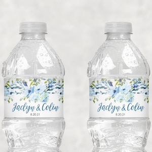 Wedding Water Bottle Labels Blue Floral, Bridal Shower Water Bottle Labels Waterproof Bottle Wraps Set of 10 image 1