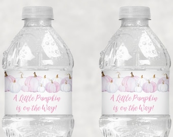 Pink Pumpkin Baby Shower Water Bottle Labels, Fall Baby Shower Water Bottle Labels, A Little Pumpkin Is On The Way Baby Shower - Set of 10