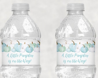 Blue Pumpkin Baby Shower Water Bottle Labels, Boy Baby Shower Water Bottle Labels, A Little Pumpkin Is On The Way Baby Shower - Set of 10