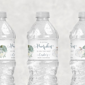 Pumpkin Baby Shower Water Bottle Labels, Fall Baby Shower Water Bottle Labels, A Little Pumpkin Is On The Way Baby Shower Set of 10 image 1