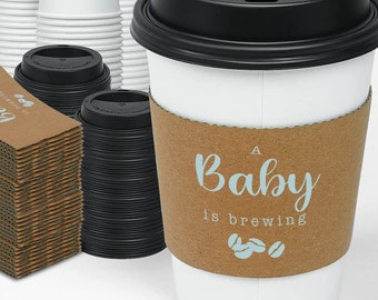 Baby Shower Coffee Cups A Baby Is Brewing Blue Boy, Hot Cocoa Cup Sets, Gender Reveal Coffee Cups With Sleeves and Lids - Set of 10