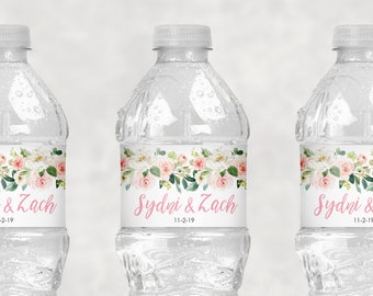 Wedding Water Bottle Labels Blush Floral Wedding, Bridal Shower Water Bottle Labels, Wedding Shower Waterproof Bottle Wraps - Set of 10