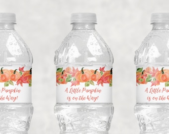 Pumpkin Baby Shower Water Bottle Labels, Fall Baby Shower Water Bottle Labels, A Little Pumpkin Is On The Way Baby Shower - Set of 10