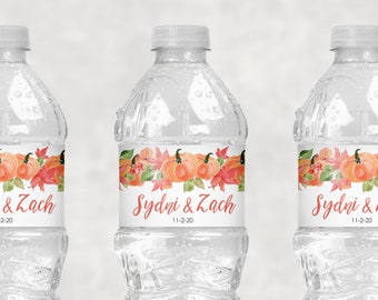 Wedding Water Bottle Labels Orange Pumpkin Fall Wedding, Bridal Shower Water Bottle Label, Wedding Shower Waterproof Bottle Wrap - Set of 10