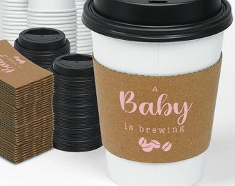 Baby Shower Coffee Cups A Baby Is Brewing Pink Girl, Hot Cocoa Cup Sets, Gender Reveal Coffee Cups With Sleeves and Lids - Set of 10