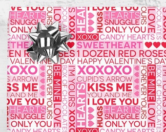 Valentine's Day Gift Wrap Sheets Typography Wrapping Paper, Valentine Boyfriend or Girlfriend Gift, Husband or Wife Valentine Gift