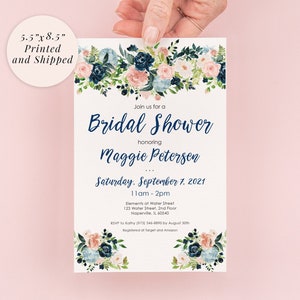 Bridal Shower Invitations Navy Blue Pink Floral Invites, Wedding Shower, Bridal Luncheon - Printed and Shipped - Set of 10