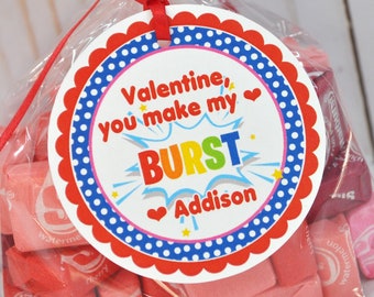 Starburst Valentine Tags, Kids School Valentines Day You Make My Heart Burst Tags, Classroom Valentine Cards - Set of 12 Tags