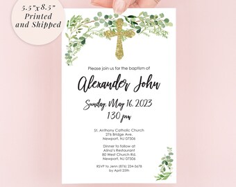 Baptism Invitation Greenery Gold Cross, Baptism Invite, Baby Christening - Printed and Shipped - Set of 10