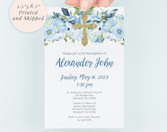 Baptism Invitation Boy Blue Floral Gold Cross, Baptism Invite, Baby Boy Christening - Printed and Shipped - Set of 10