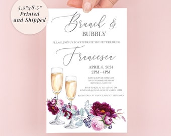 Brunch and Bubbly Bridal Shower Invitation Burgundy Floral Champagne Glass Bridal Shower Invitation Printed and Shipped - Set of 10