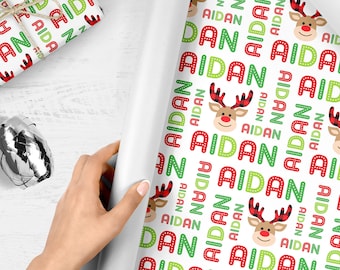 Personalized Christmas Gift Wrap, Reindeer Boy Personalized Name Wrapping Paper, Gift Wrap Sheets, Holiday Wrapping Paper, Unique Christmas