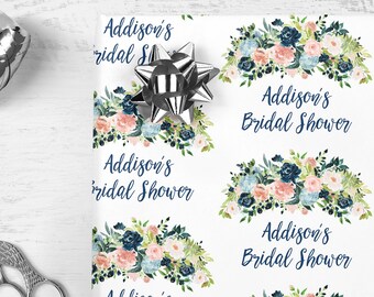 Bridal Shower Wrapping Paper Navy Blue Pink Floral, Personalized Bridal Shower Wedding Gift Wrap Sheets, Unique Present Wrapping Paper