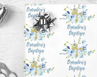 Boys Baptism Gift Wrap Sheets Personalized Baptism Wrapping Paper Blue Floral, Unique Baby Baptism Present Wrapping Paper