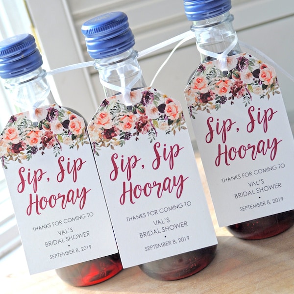 Sip Sip Hooray Bridal Shower Favors Tags for Mini Wine Bottles, Fall Floral Wedding Favors, Mini Champagne Tags - Set of 12