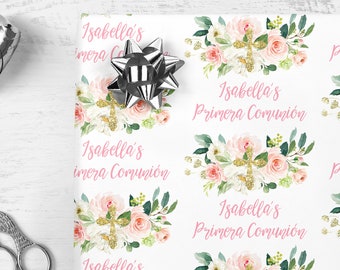 Girls Primera Comunion Gift Wrap Sheets Personalized First Holy Communion Wrapping Paper Pink Blush Floral, Spanish Comunion Wrapping Paper