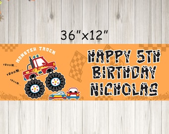 Monster Truck Birthday Party Banner Boys Truck Birthday Banner Personalized Paper Banner - Printed and Shipped