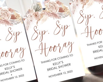 Sip Sip Hooray Boho Pampas Grass Bridal Shower Favors Tags for Mini Wine Bottles, Fall Wedding Favors, Mini Champagne Tags - Set of 12