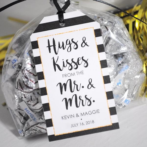 Wedding Favor Tags, Bridal Shower Favors, Hugs and Kisses Mr. & Mrs. Wedding Favors, Personalized Wedding Treat Tags - Set of 12 Tags