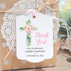 Baptism Favor Tags Greenery Pink Floral Cross Girl Thank You Tags First Holy Communion Favor Tag Baby Christening Personalized - Set of 12