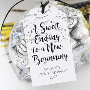 New Years 2024 Eve Party Favor Tags, Kisses Treat Tags, New Year Tags, Sweet Ending New Beginning Silver New Year Tags - Set of 12 Tags