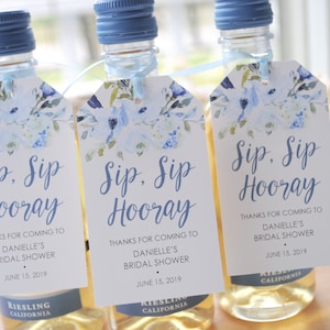 Bridal Shower Favors Tags for Mini Wine Bottles, Wedding Favors, Mini Champagne Tags, Sip Sip Hooray Favor Tags Blue Floral