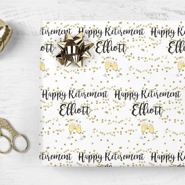 Happy Retirement Wrapping Paper, Personalized Retirement Gift Wrap, Gift Wrap Sheets, Unique Retired Present Wrapping Gold Retirement