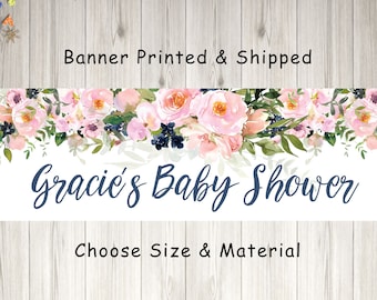 Baby Shower Banner Girl Baby Shower Banner, It's A Girl Baby Shower Banner Blush Pink Navy Blue Floral Decorations, Printed & Shipped
