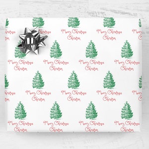 May include: White wrapping paper with a repeating pattern of green Christmas trees and the text "Merry Christmas Christian".