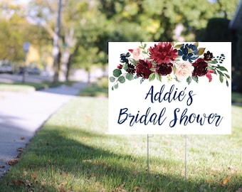 Bridal Shower Yard Sign Burgundy Navy Floral, Bridal Shower Lawn Sign, Virtual Bridal Shower Social Distancing 24” x 18" Printed Sign